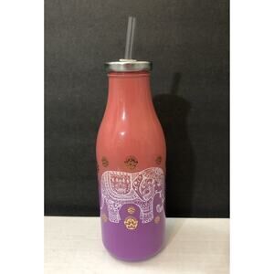 Pink Purple Glass bottle with lid and straw Elephant India Design Yoga Meditate